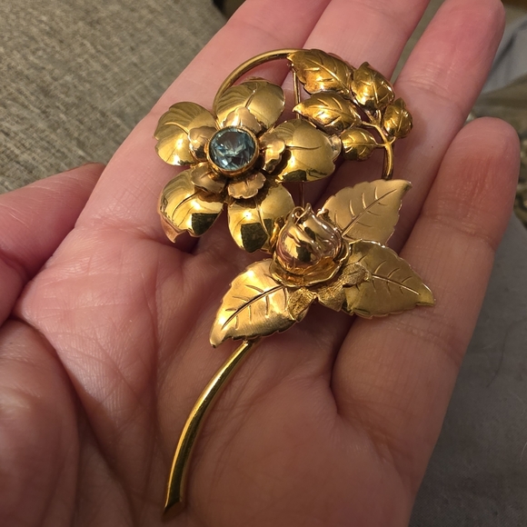 14 Karat Yellow And Rose Solid Gold And Blue Topaz Flower Floral Brooch - Picture 4 of 12